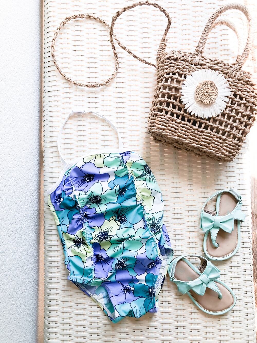 New Old Navy Floral Print Swimsuit & Matching Bow Sandals 12-18mths